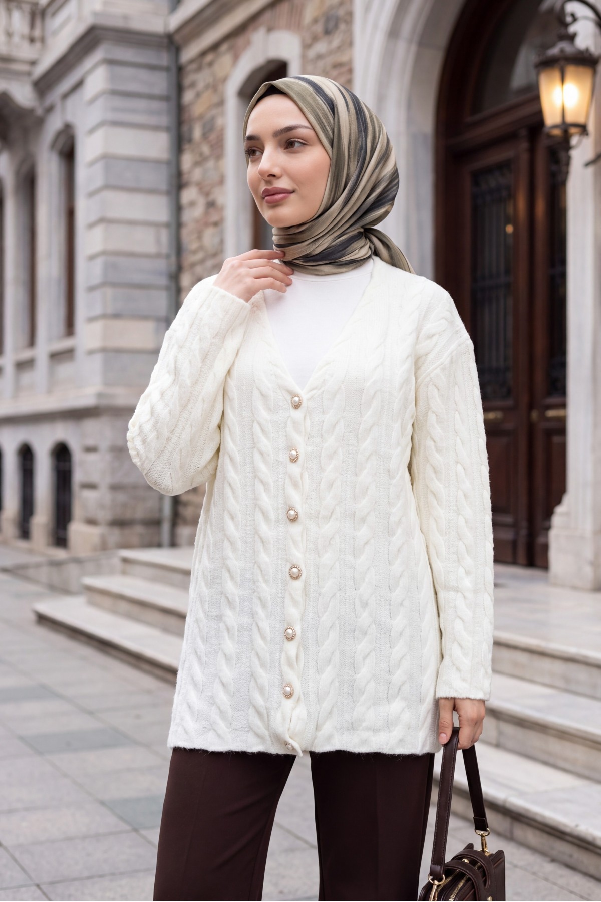 Cable-Knit Cardigan with Pearl Buttons -White