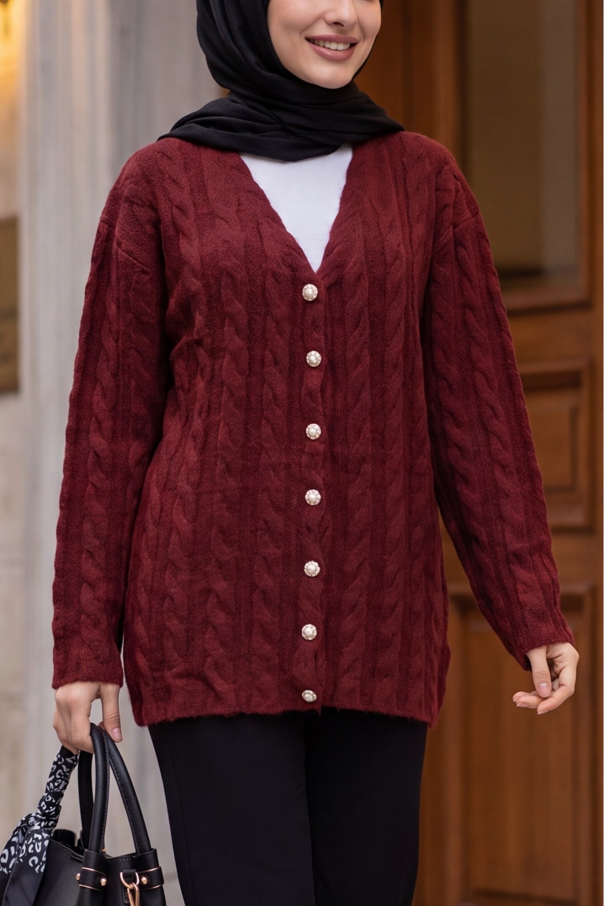 Cable-Knit Cardigan with Pearl Buttons -Maroon