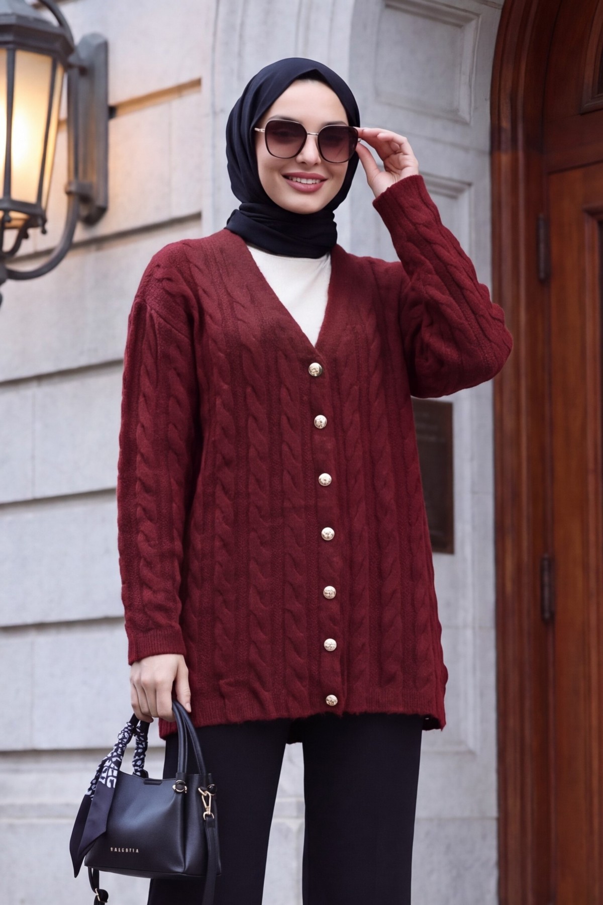 Cable-Knit Cardigan with Pearl Buttons -Maroon