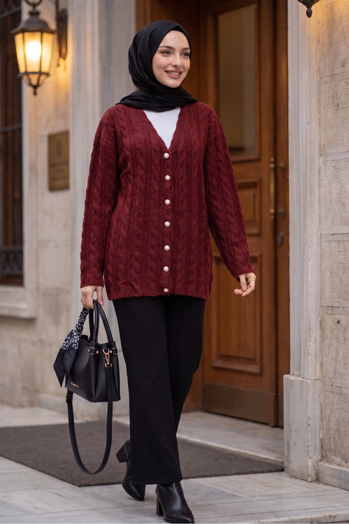 Cable-Knit Cardigan with Pearl Buttons -Maroon