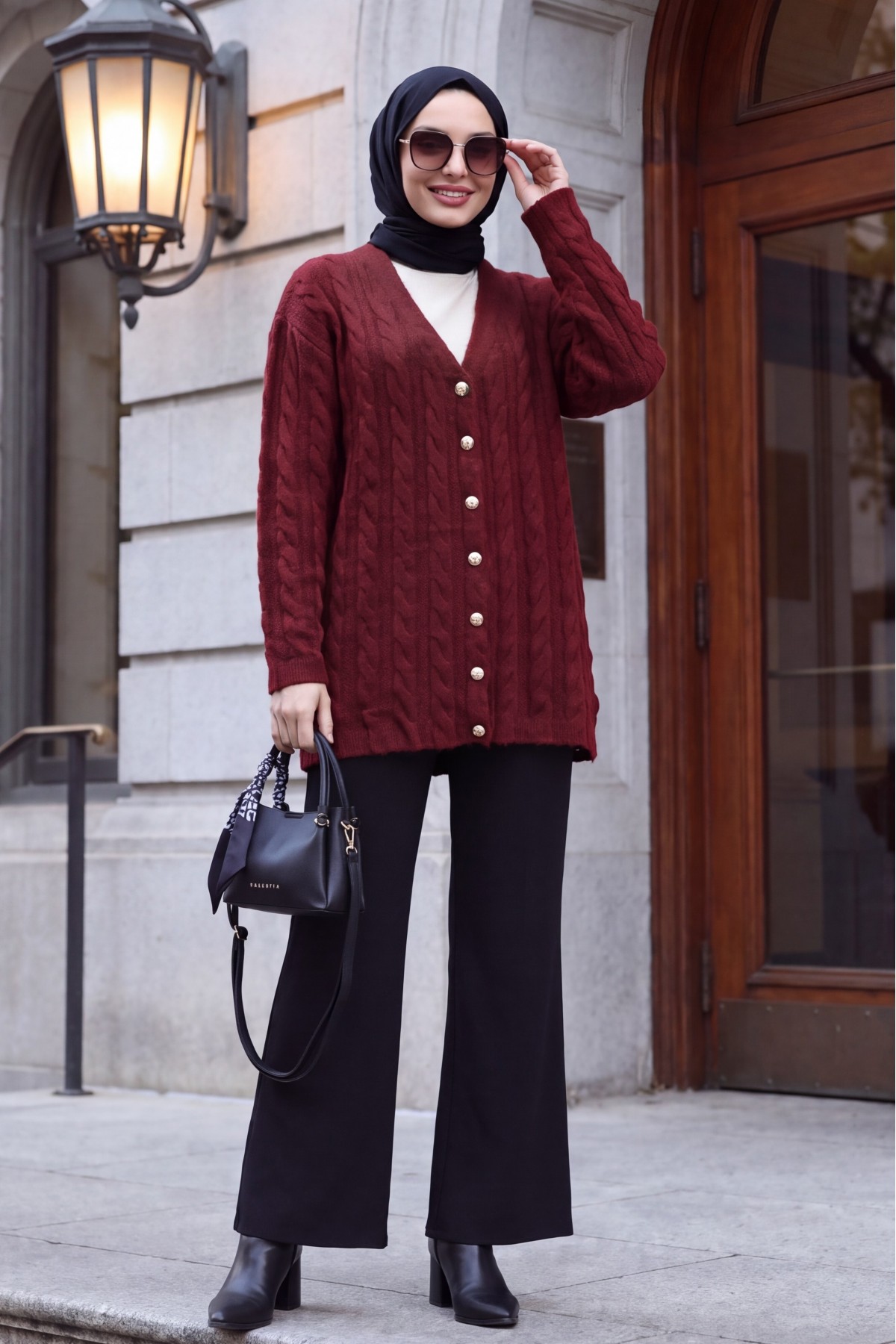 Cable-Knit Cardigan with Pearl Buttons -Maroon