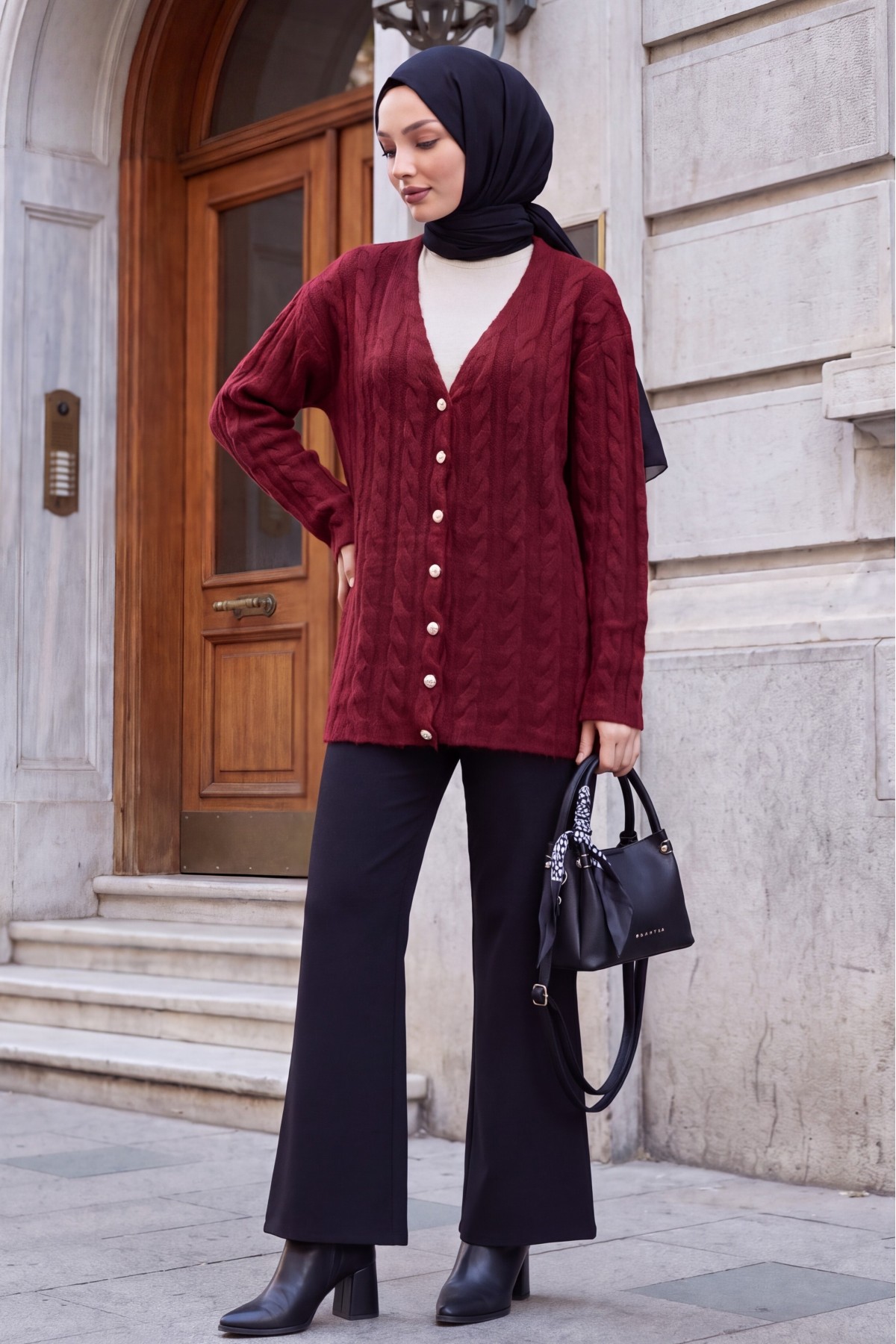 Cable-Knit Cardigan with Pearl Buttons -Maroon