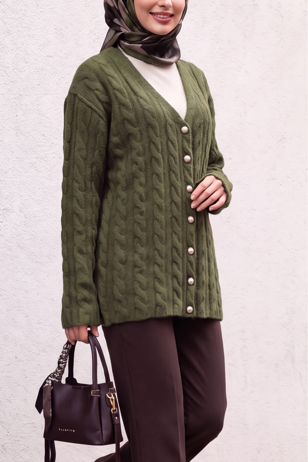 Cable-Knit Cardigan with Pearl Buttons -Khaki