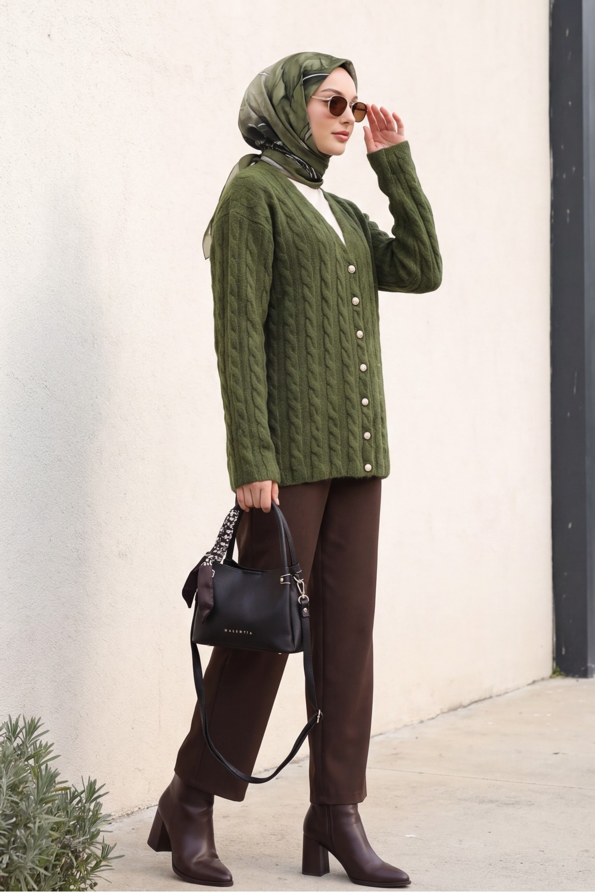 Cable-Knit Cardigan with Pearl Buttons -Khaki