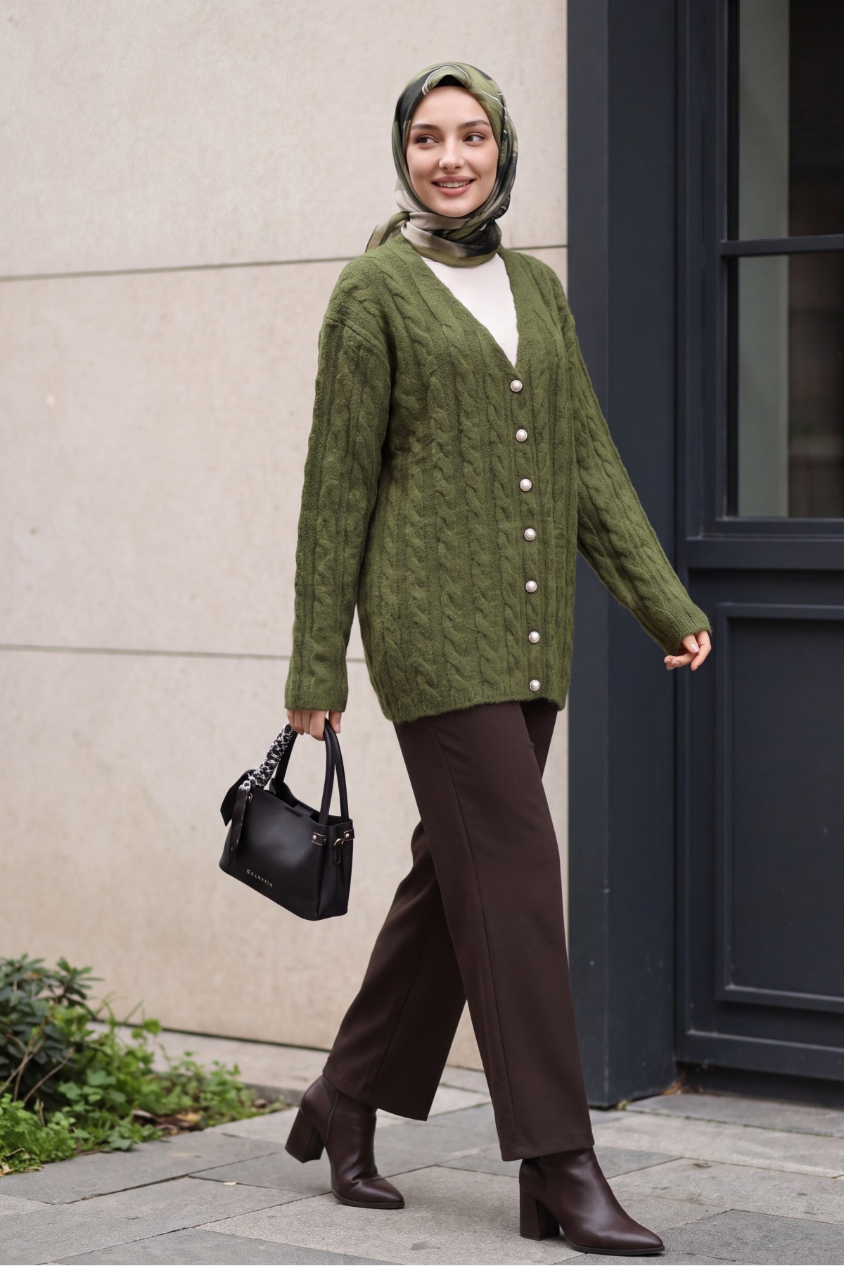 Cable-Knit Cardigan with Pearl Buttons -Khaki