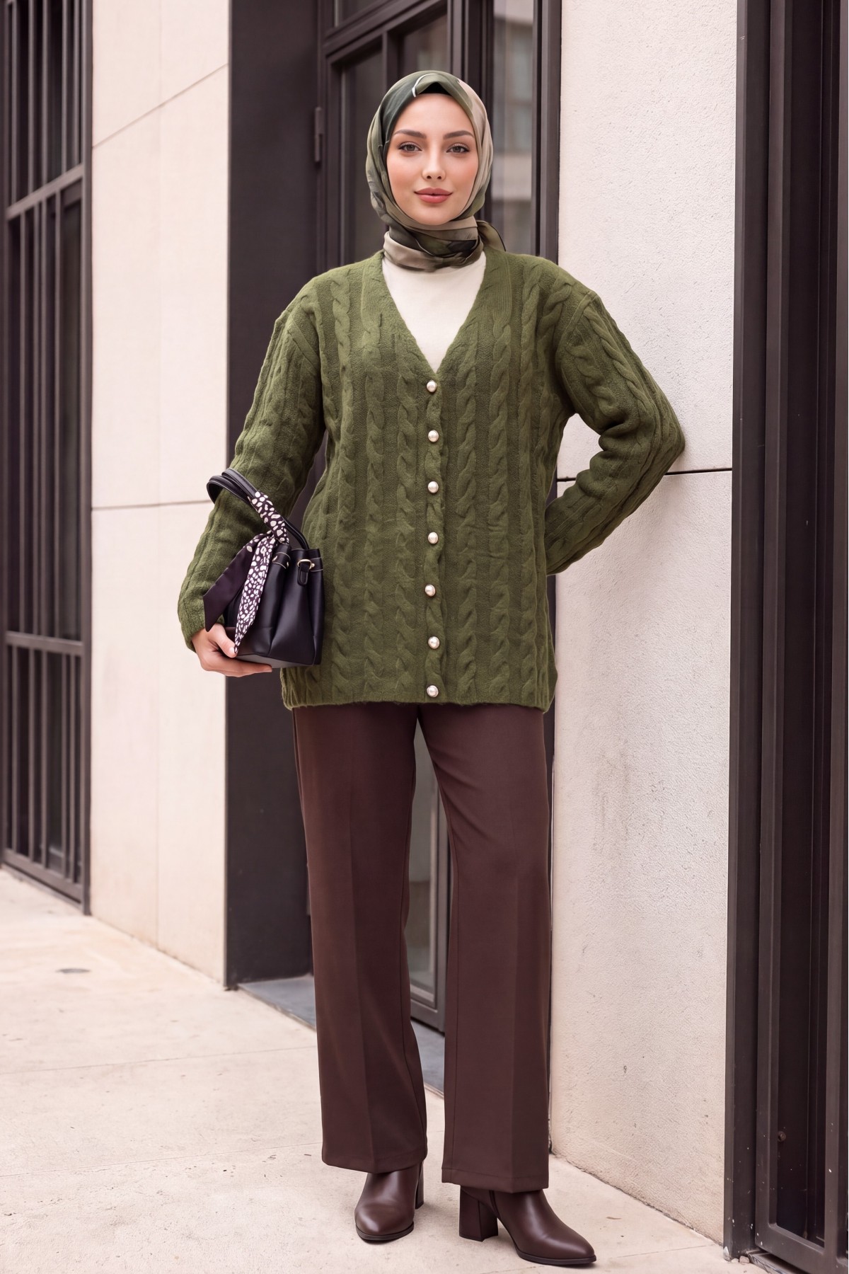 Cable-Knit Cardigan with Pearl Buttons -Khaki