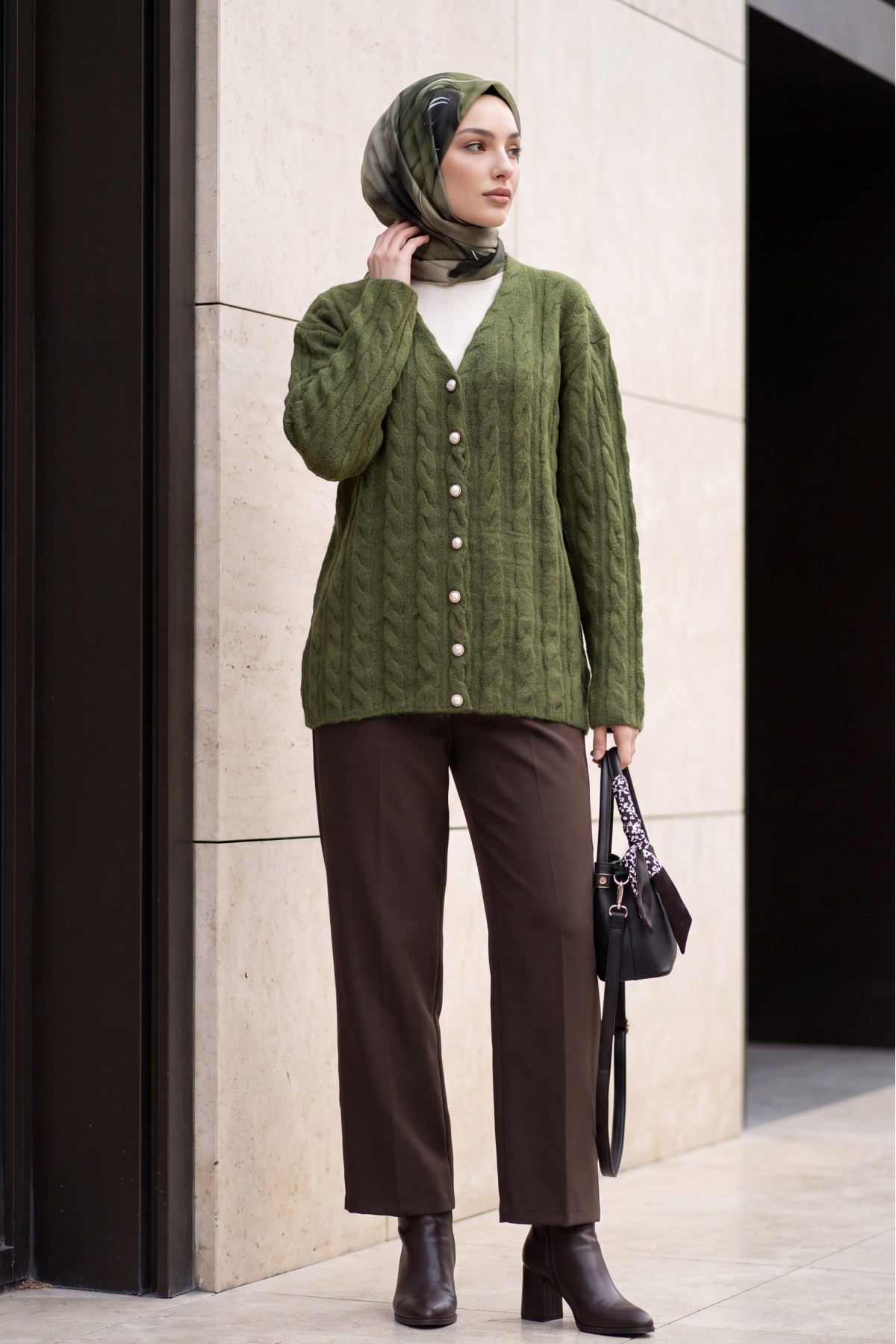 Cable-Knit Cardigan with Pearl Buttons -Khaki