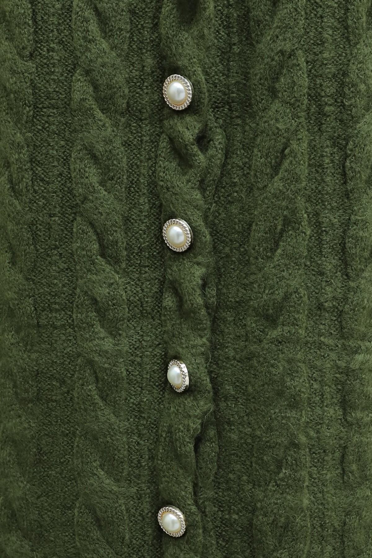 Cable-Knit Cardigan with Pearl Buttons -Khaki