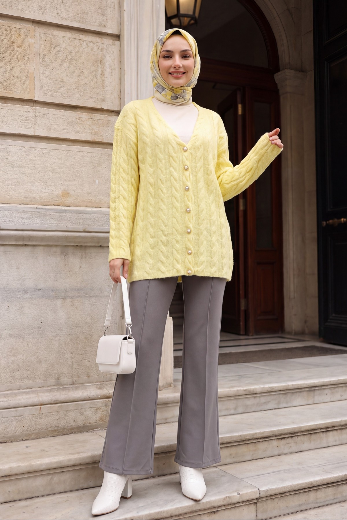 Cable-Knit Cardigan with Pearl Buttons -Light yellow