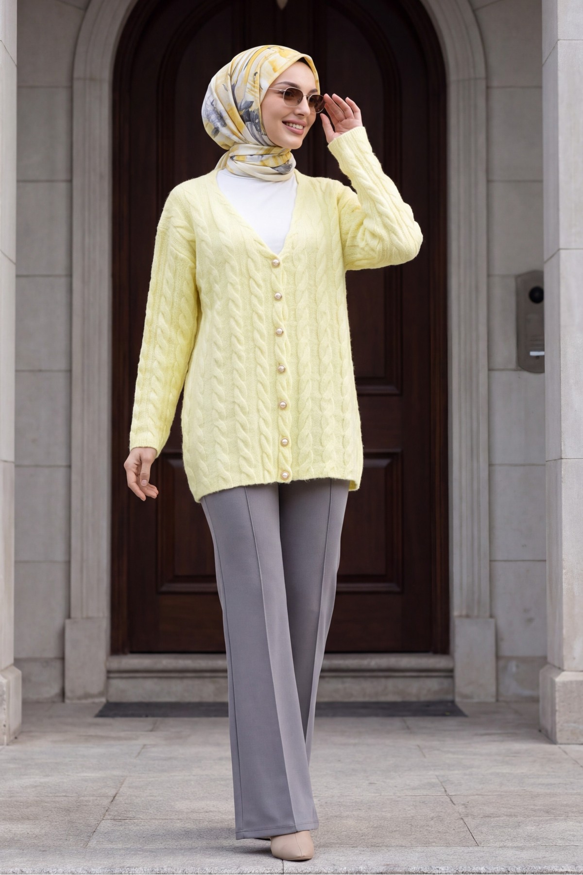 Cable-Knit Cardigan with Pearl Buttons -Light yellow