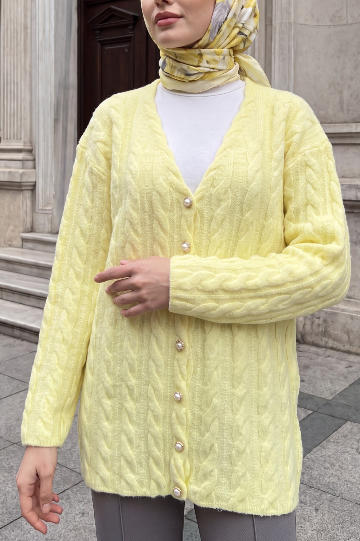 Cable-Knit Cardigan with Pearl Buttons -Light yellow