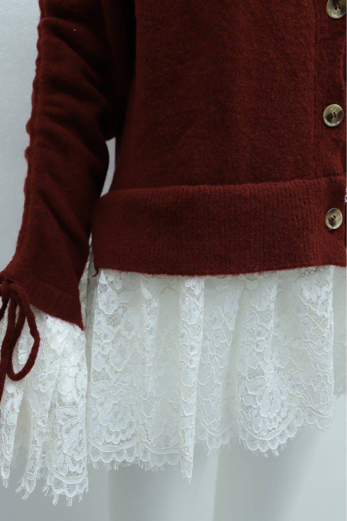 Button-Down Soft-Knit Cardigan with Lace Detailing on the Hem and Sleeves -Maroon