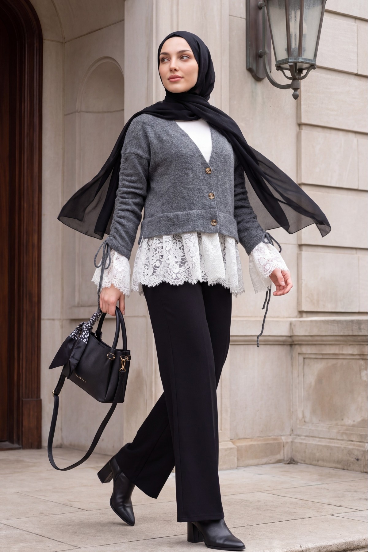 Button-Down Soft-Knit Cardigan with Lace Detailing on the Hem and Sleeves -Smoked 