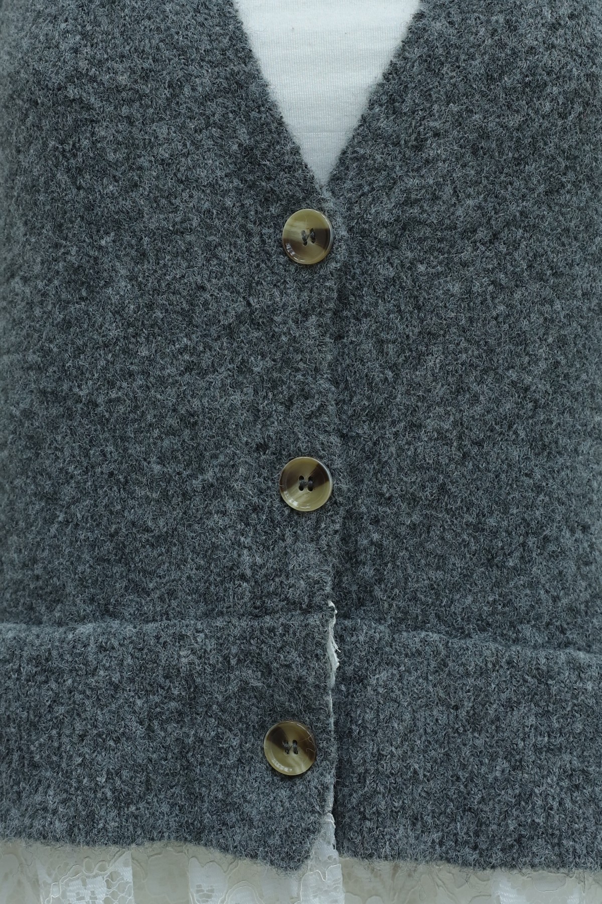 Button-Down Soft-Knit Cardigan with Lace Detailing on the Hem and Sleeves -Smoked 