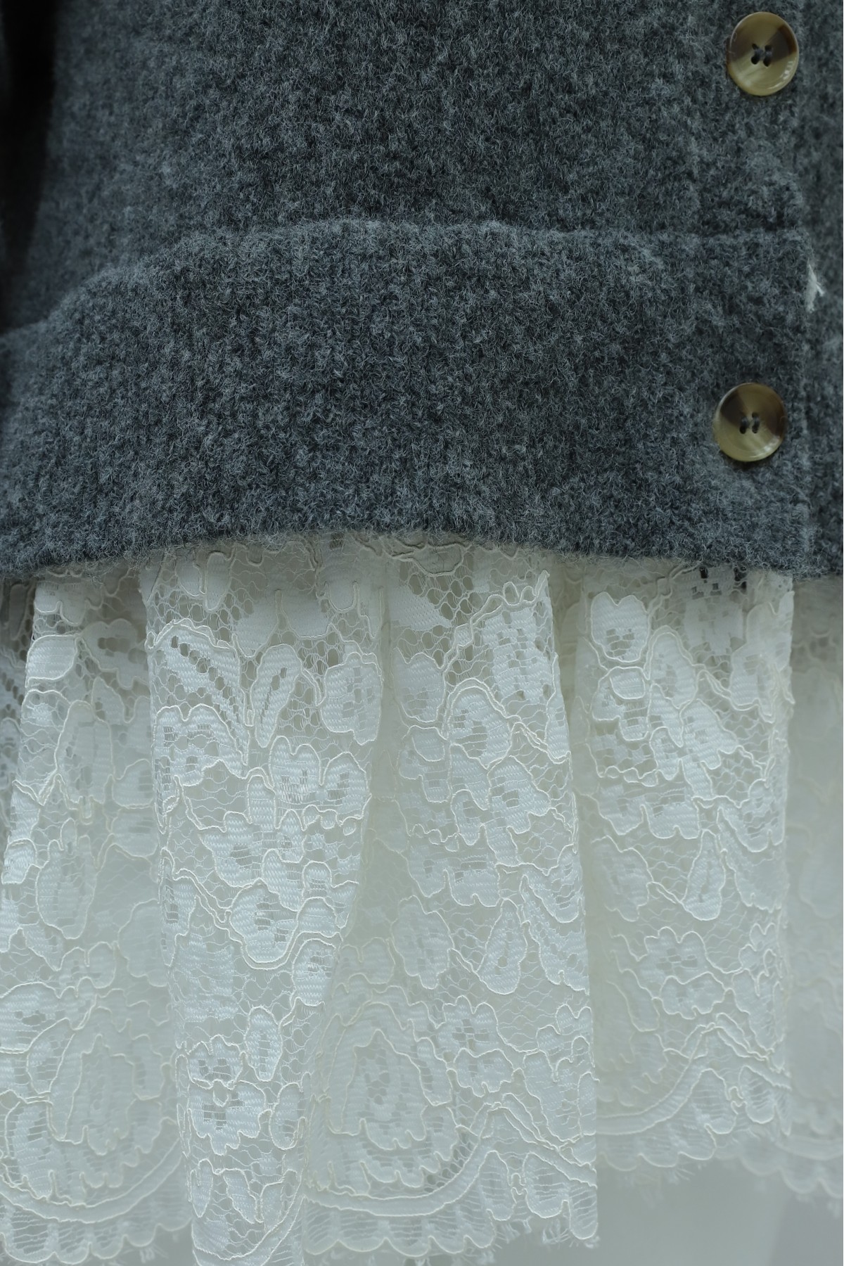 Button-Down Soft-Knit Cardigan with Lace Detailing on the Hem and Sleeves -Smoked 
