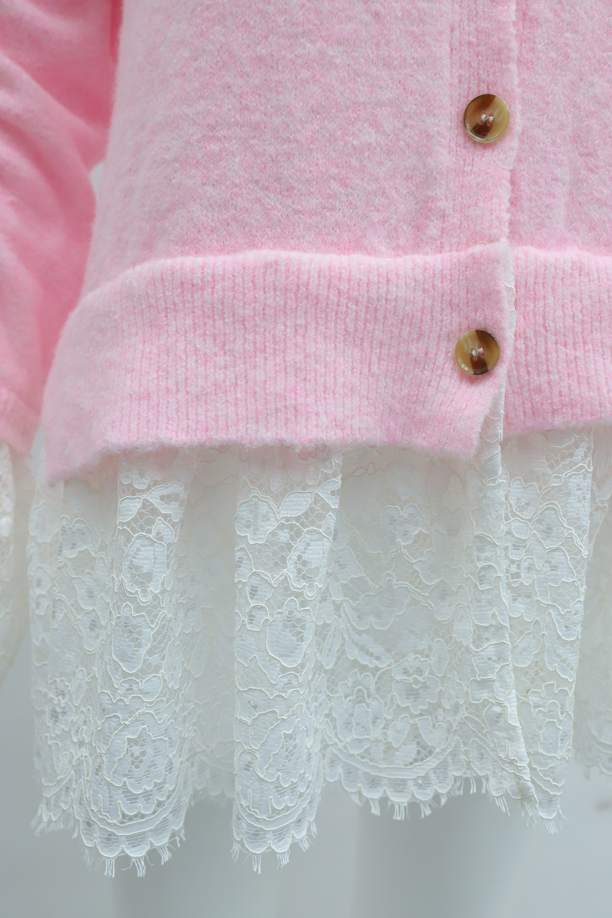 Button-Down Soft-Knit Cardigan with Lace Detailing on the Hem and Sleeves -Pink