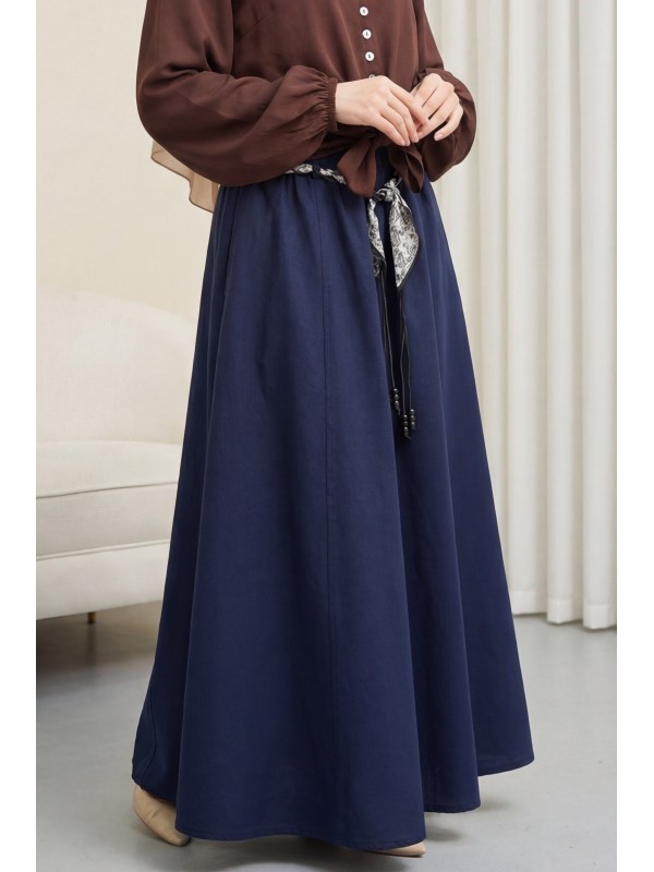 تنورة من الكتان بحزام خصر مطاطي وحزام وجيوب -كحلي