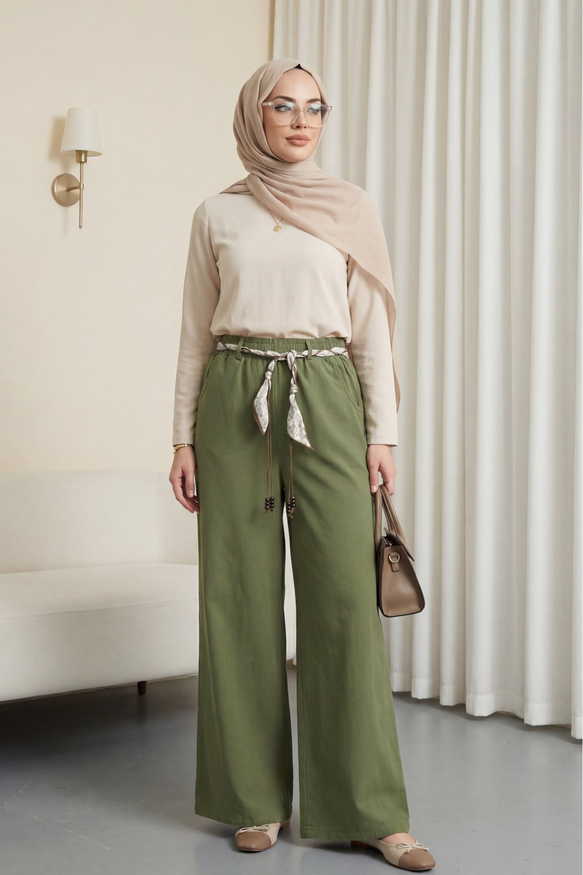 Wide-leg linen trousers with elasticated waist, belt, and pockets. -Khaki
