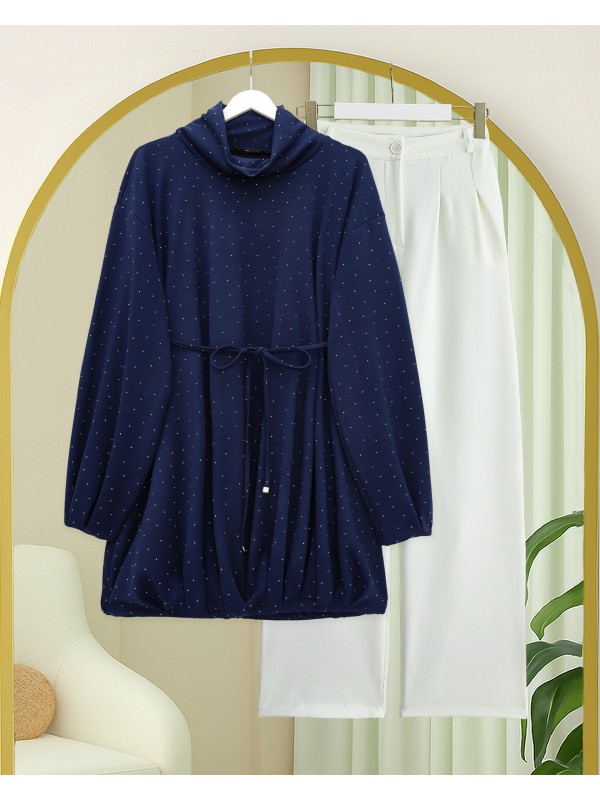 Oysho Sweat with Elastic Skirt and Tied Waist and Half Turtleneck -Navy blue