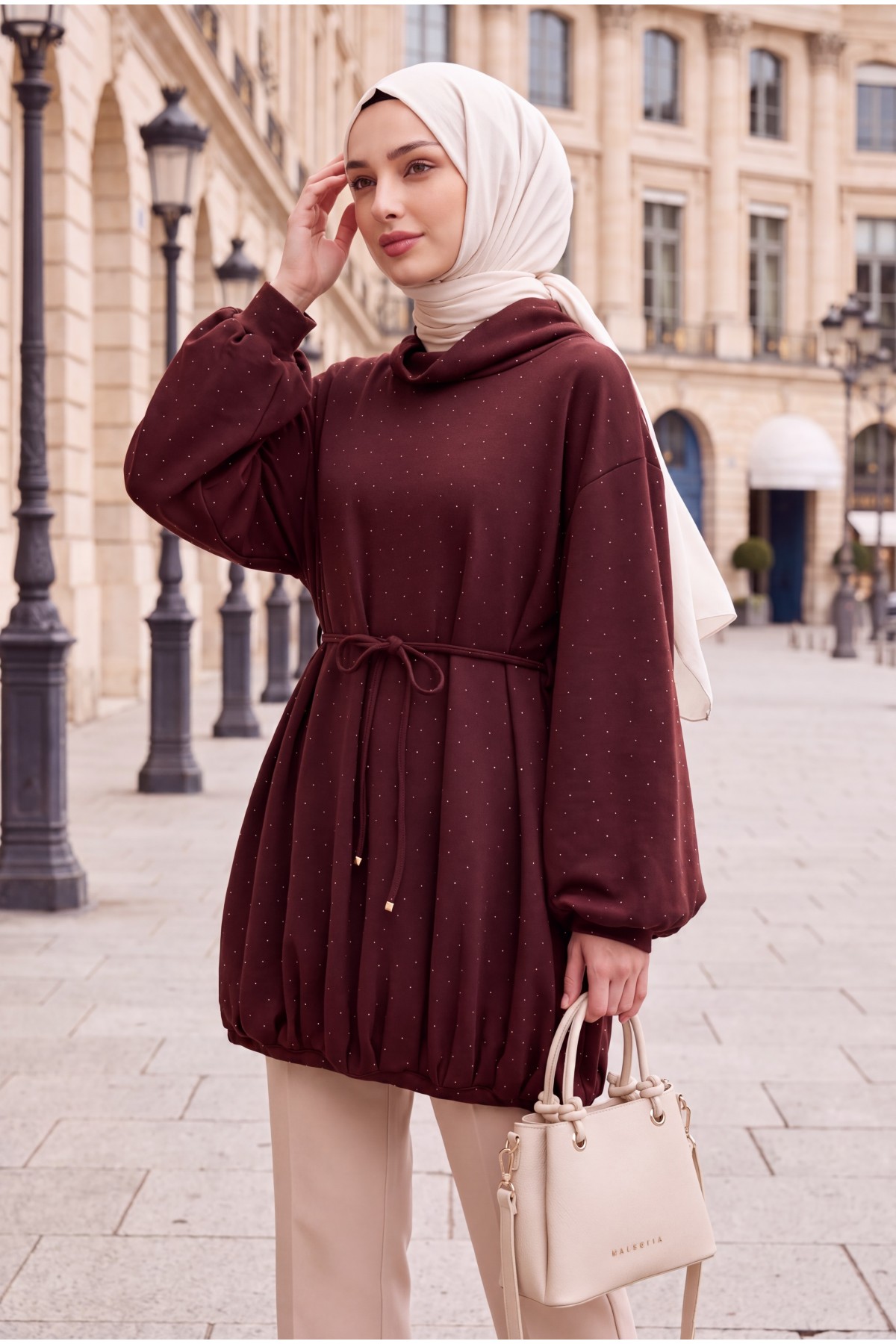 Eteği Lastikli Beli Bağcıklı Yarım Boğazlı Oysho Sweat -Bordo