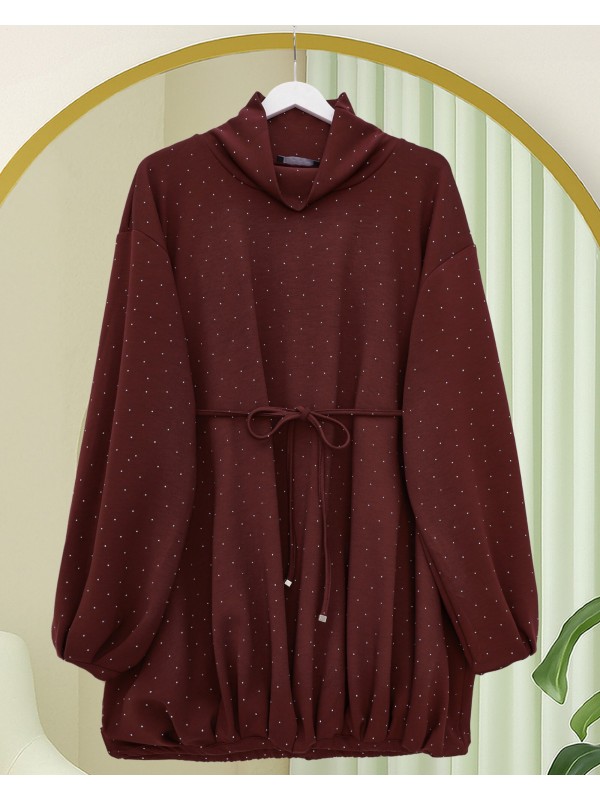 Oysho Sweat with Elastic Skirt and Tied Waist and Half Turtleneck -Maroon