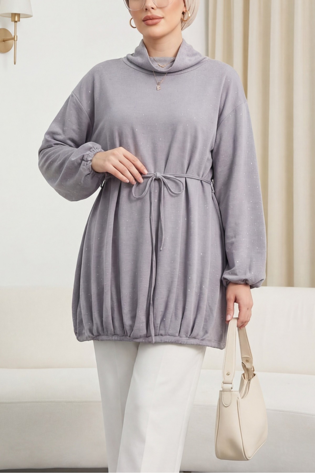 سويت شيرت من أويشو مع تنورة مرنة وخصر مربوط وياقة مدورة نصفية -رمادي فاتح