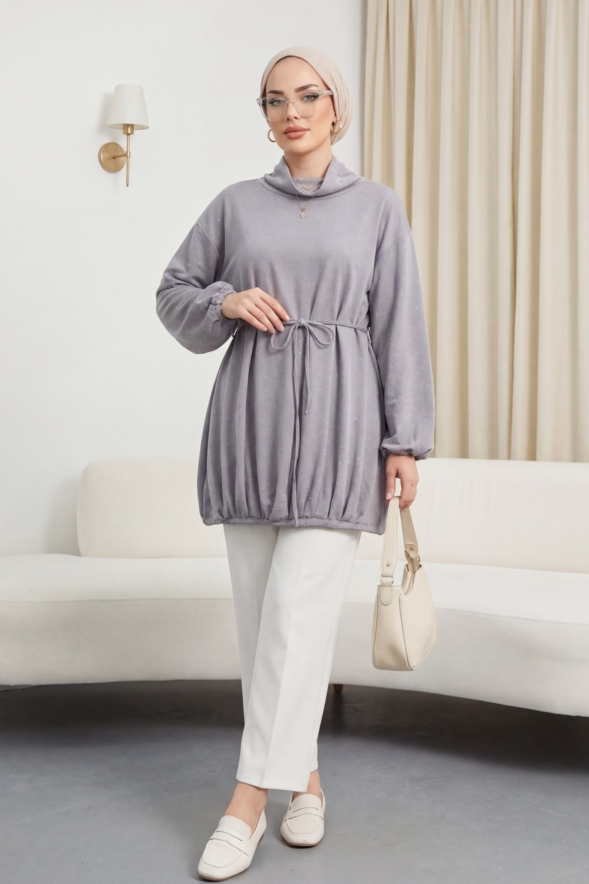 سويت شيرت من أويشو مع تنورة مرنة وخصر مربوط وياقة مدورة نصفية -رمادي فاتح