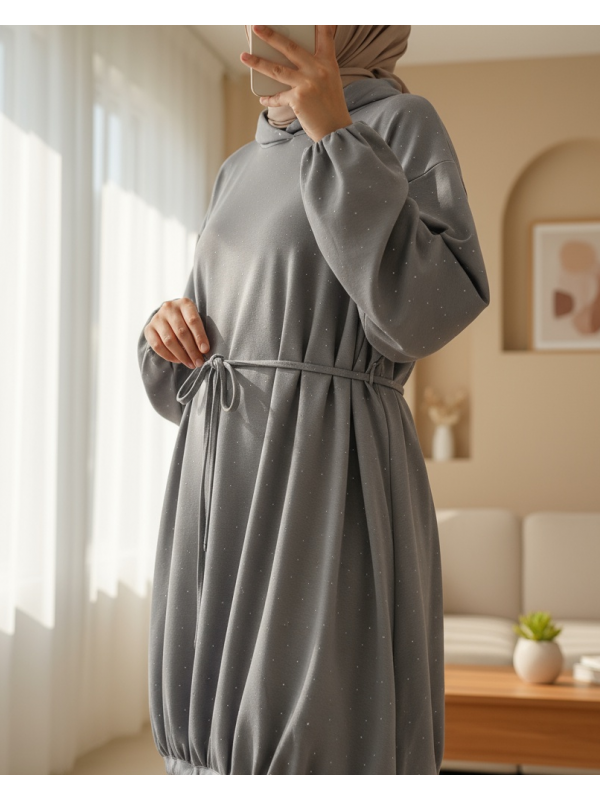 Oysho Sweat with Elastic Skirt and Tied Waist and Half Turtleneck - Light grey