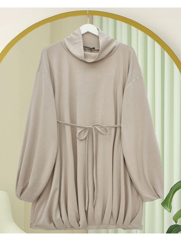 Oysho Sweat with Elastic Skirt and Tied Waist and Half Turtleneck -Light Mink