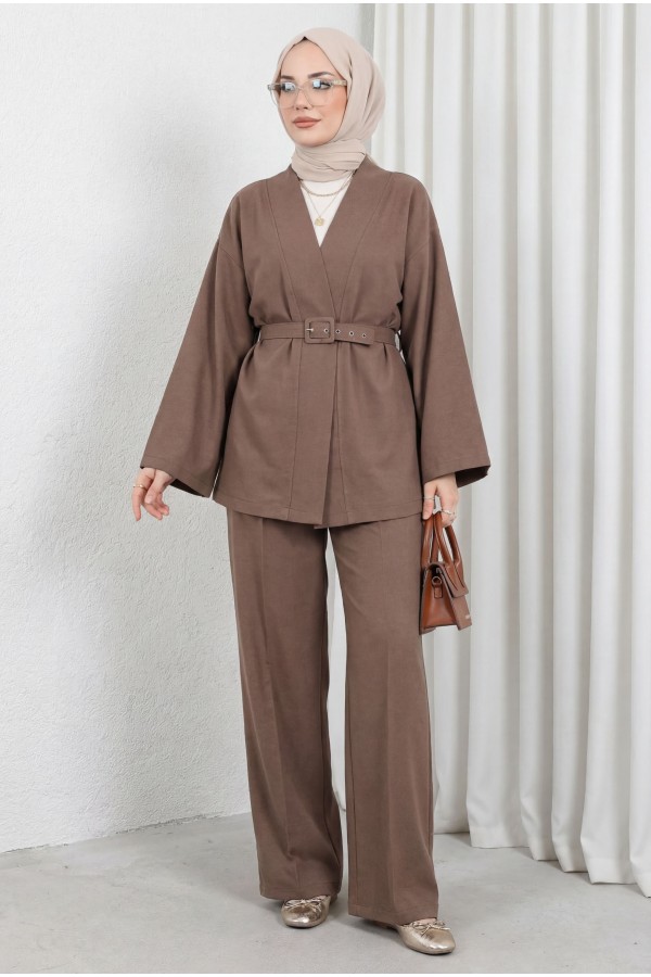 Kemerli Pantolonlu Kimono Takım   -Kahve