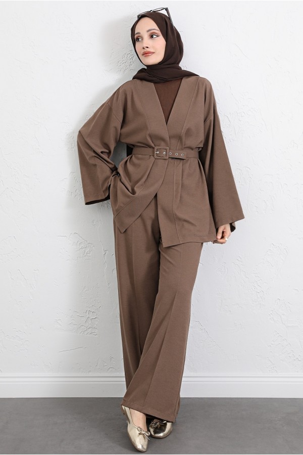 Kemerli Pantolonlu Kimono Takım   -Kahve