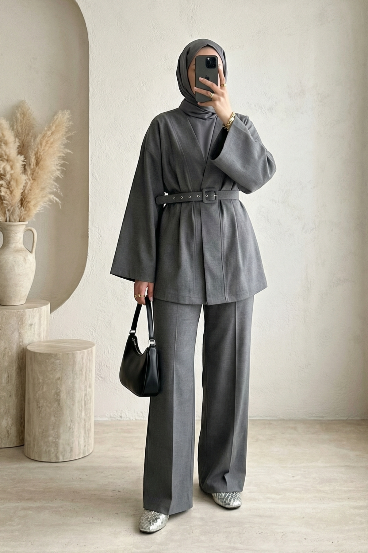 Kimono Set with Belt and Trousers -Smoked 