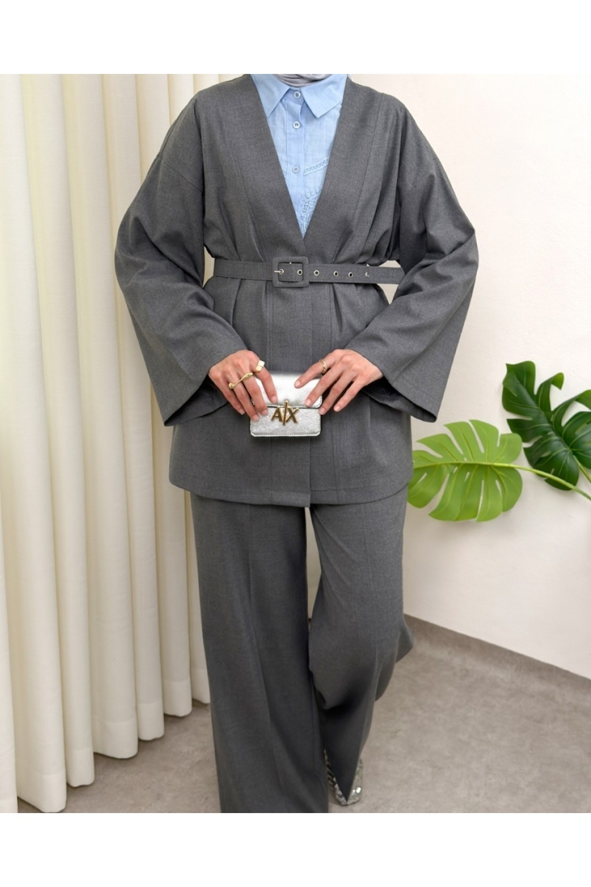 Kimono Set with Belt and Trousers -Smoked 