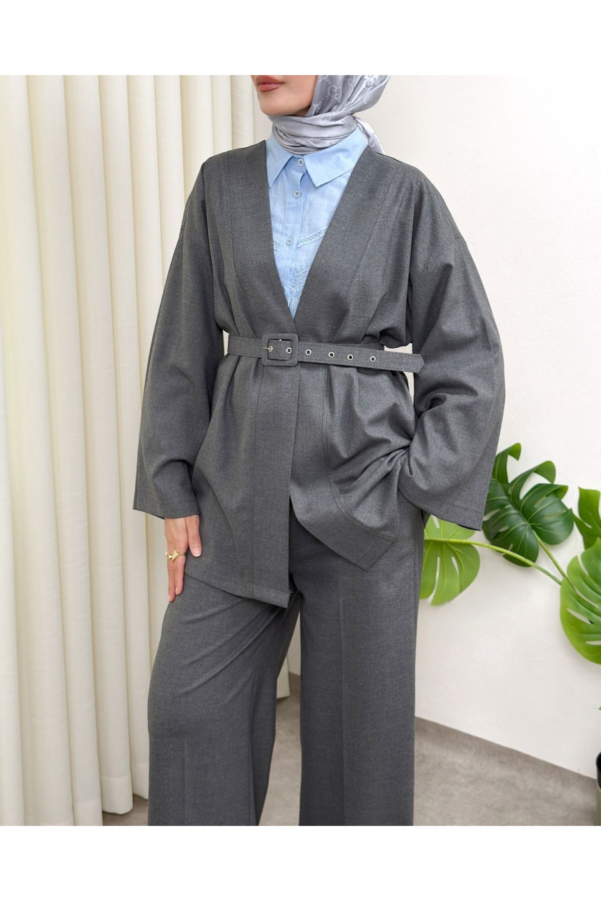 Kimono Set with Belt and Trousers -Smoked 