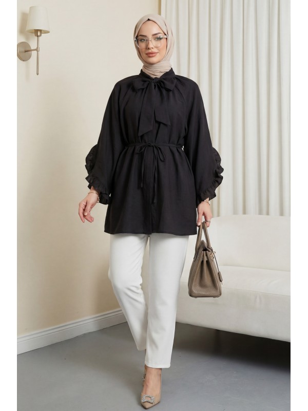 Yakası Bağcıklı Fermuarlı Kolu Fırfırlı Kemerli Modal Tunik -K. Kahve