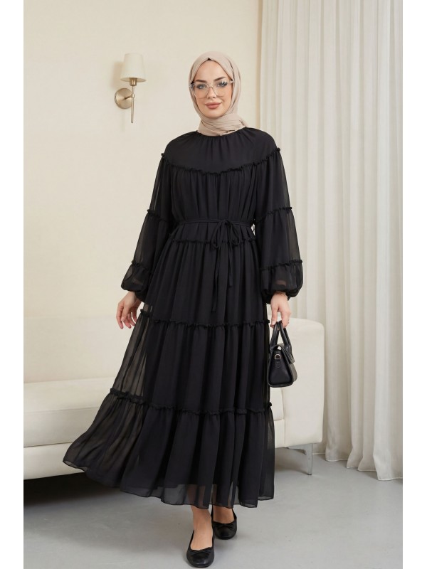 Kolu Lastikli Beli Bağlamalı Katlı Fırfır Detaylı Elbise  -Siyah