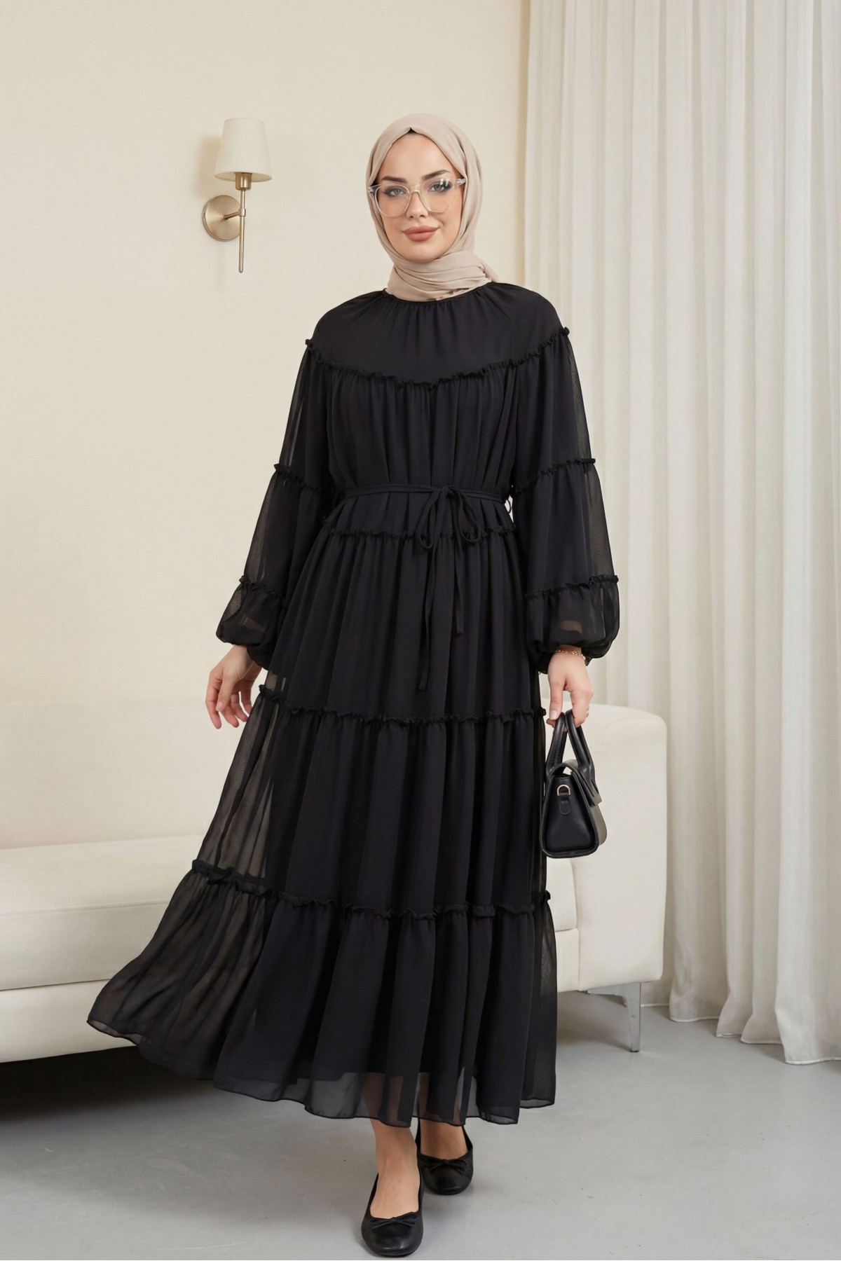 Kolu Lastikli Beli Bağlamalı Katlı Fırfır Detaylı Elbise  -Siyah