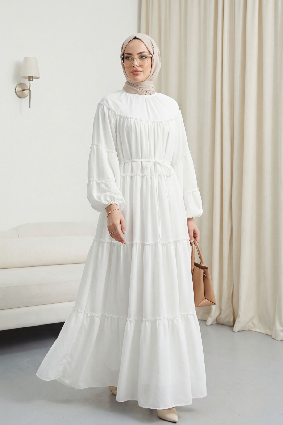 Kolu Lastikli Beli Bağlamalı Katlı Fırfır Detaylı Elbise  -Beyaz