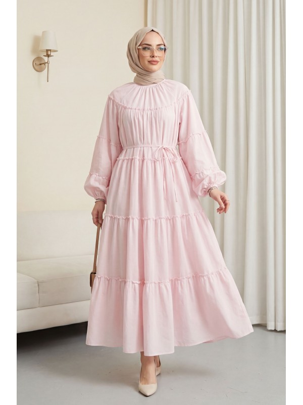 Kolu Lastikli Beli Bağlamalı Katlı Fırfır Detaylı Elbise -Pudra