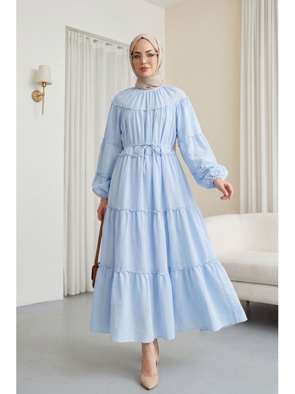 Kolu Lastikli Beli Bağlamalı Katlı Fırfır Detaylı Elbise  -Bebe Mavi