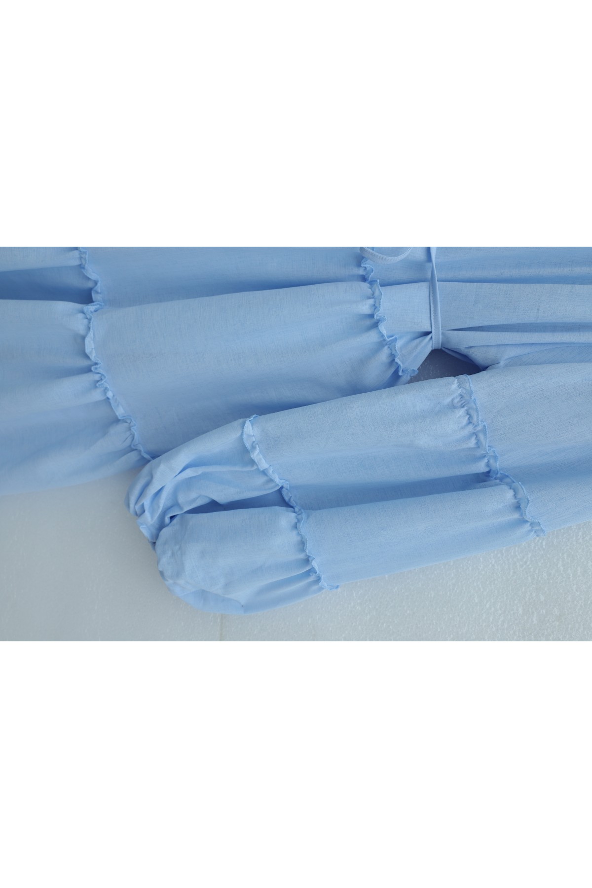 Kolu Lastikli Beli Bağlamalı Katlı Fırfır Detaylı Elbise  -Bebe Mavi