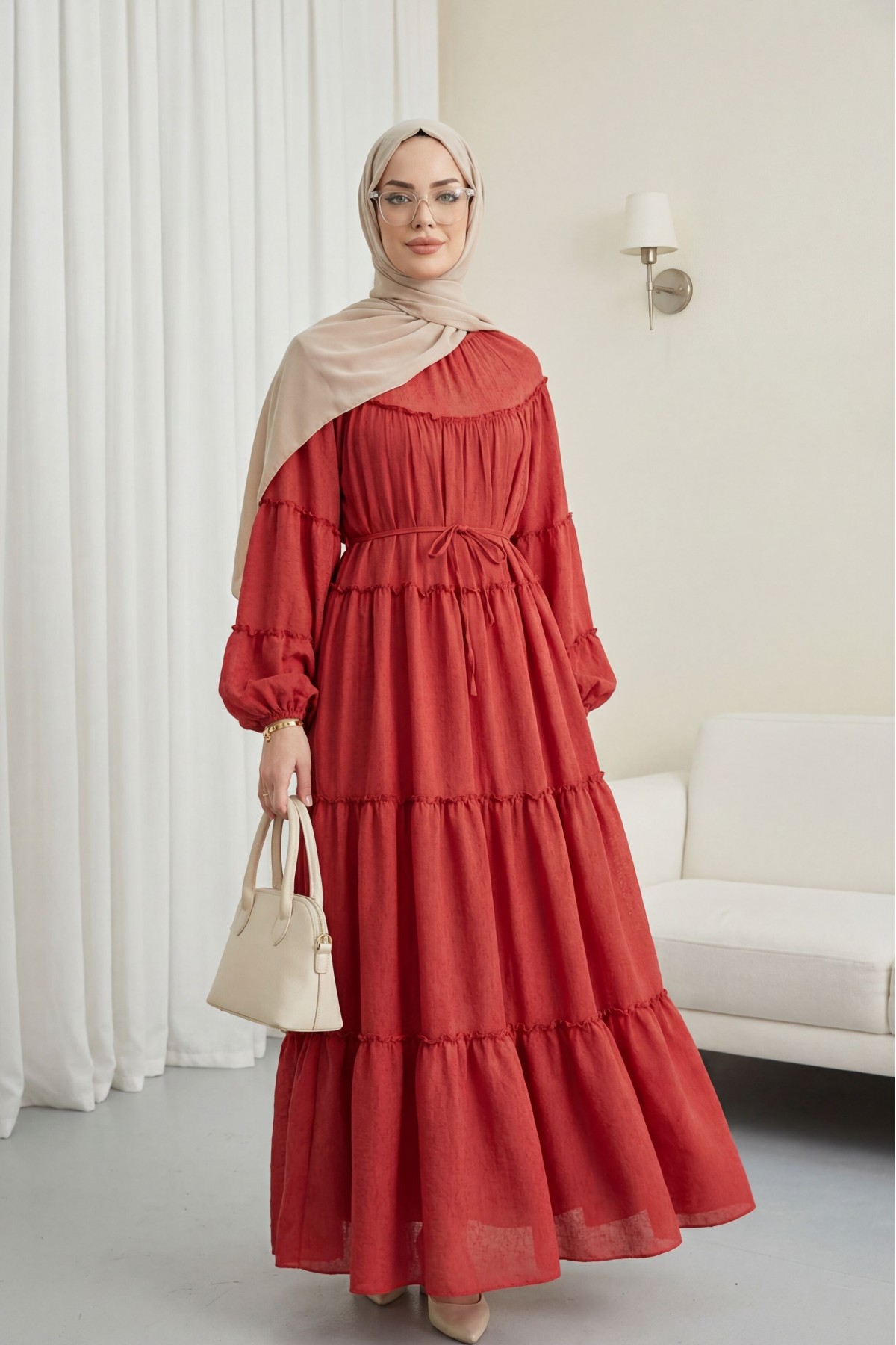 Kolu Lastikli Beli Bağlamalı Katlı Fırfır Detaylı Elbise  -Kırmızı