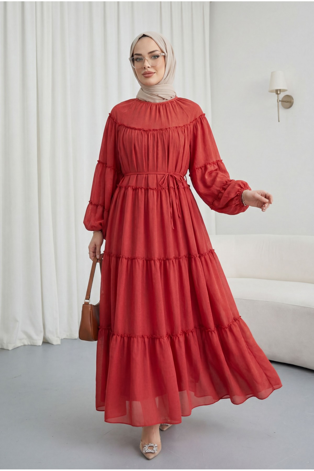 Kolu Lastikli Beli Bağlamalı Katlı Fırfır Detaylı Elbise  -Kırmızı