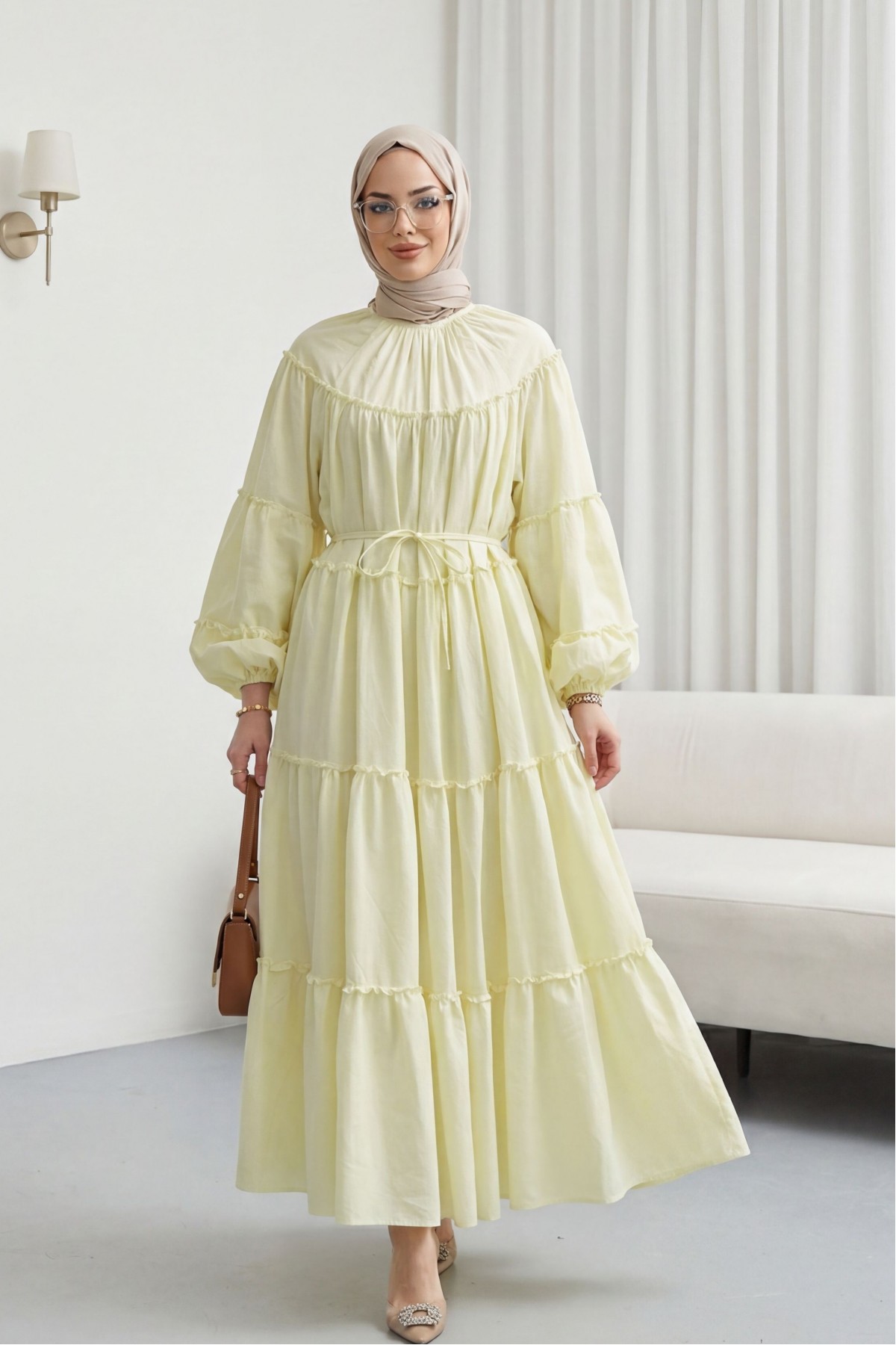 Kolu Lastikli Beli Bağlamalı Katlı Fırfır Detaylı Elbise  -Açık Sarı