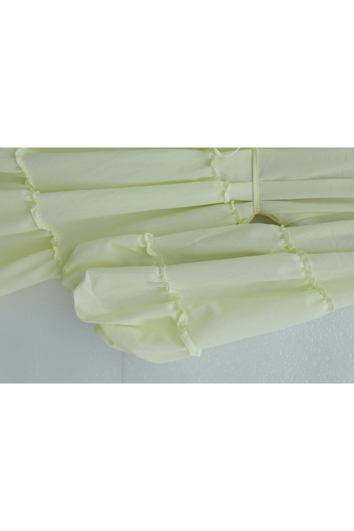 Kolu Lastikli Beli Bağlamalı Katlı Fırfır Detaylı Elbise  -Açık Sarı