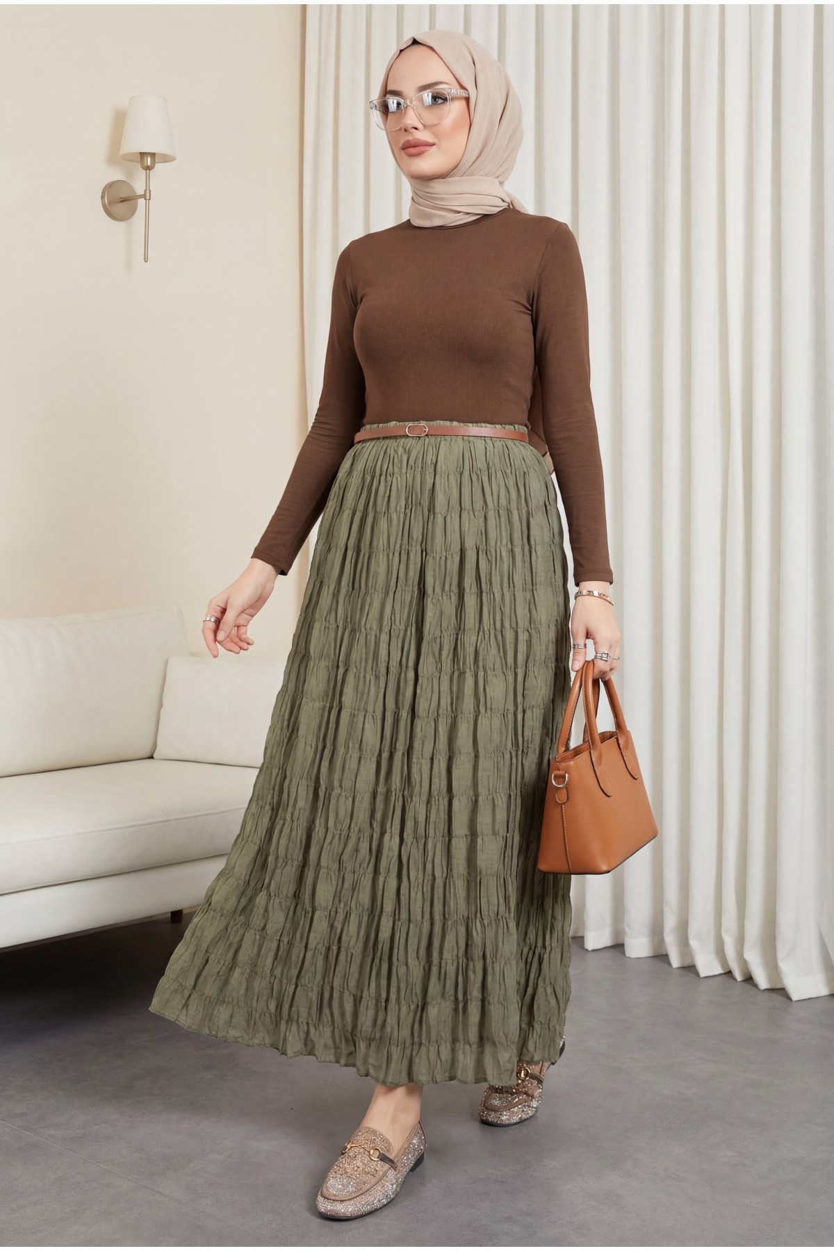 Astarlı Gipeli Modal Etek  -Yeşil