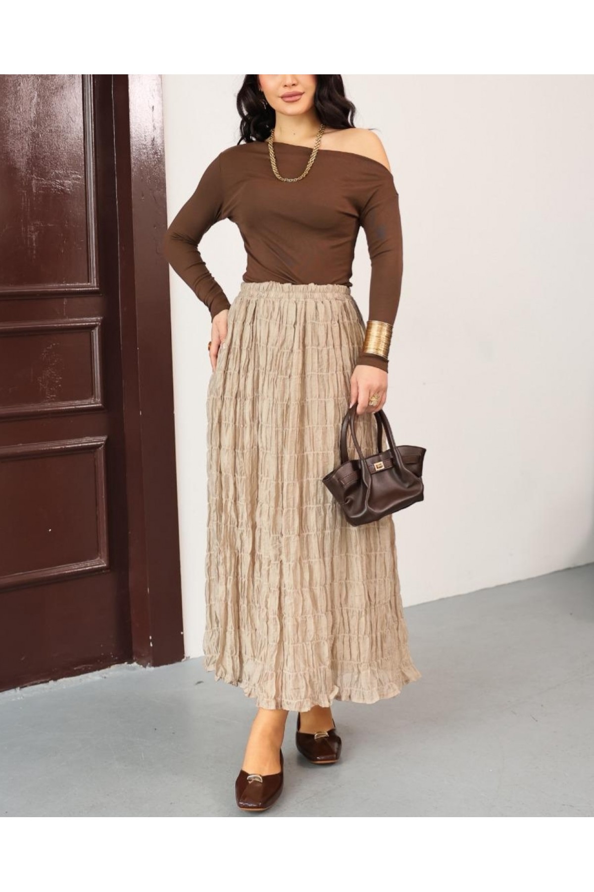 Astarlı Gipeli Modal Etek -Bej