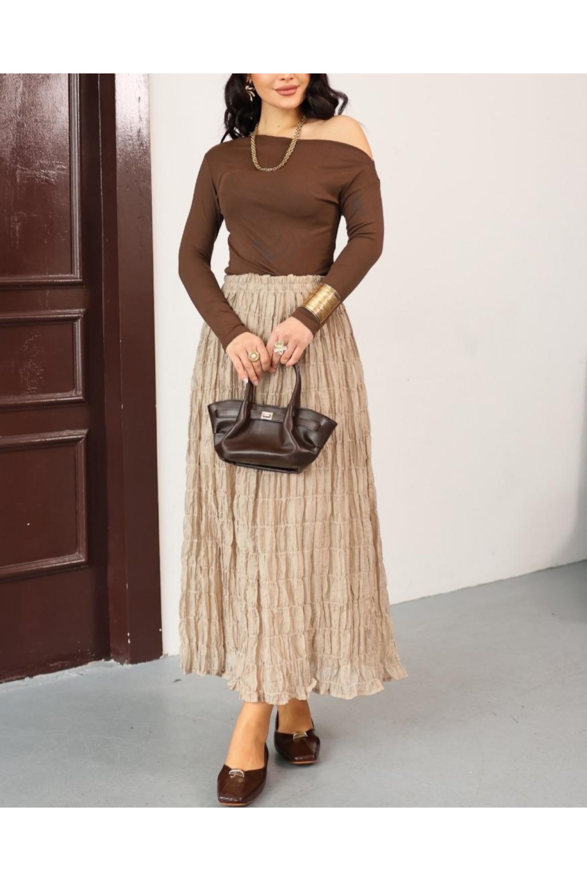 Astarlı Gipeli Modal Etek -Bej