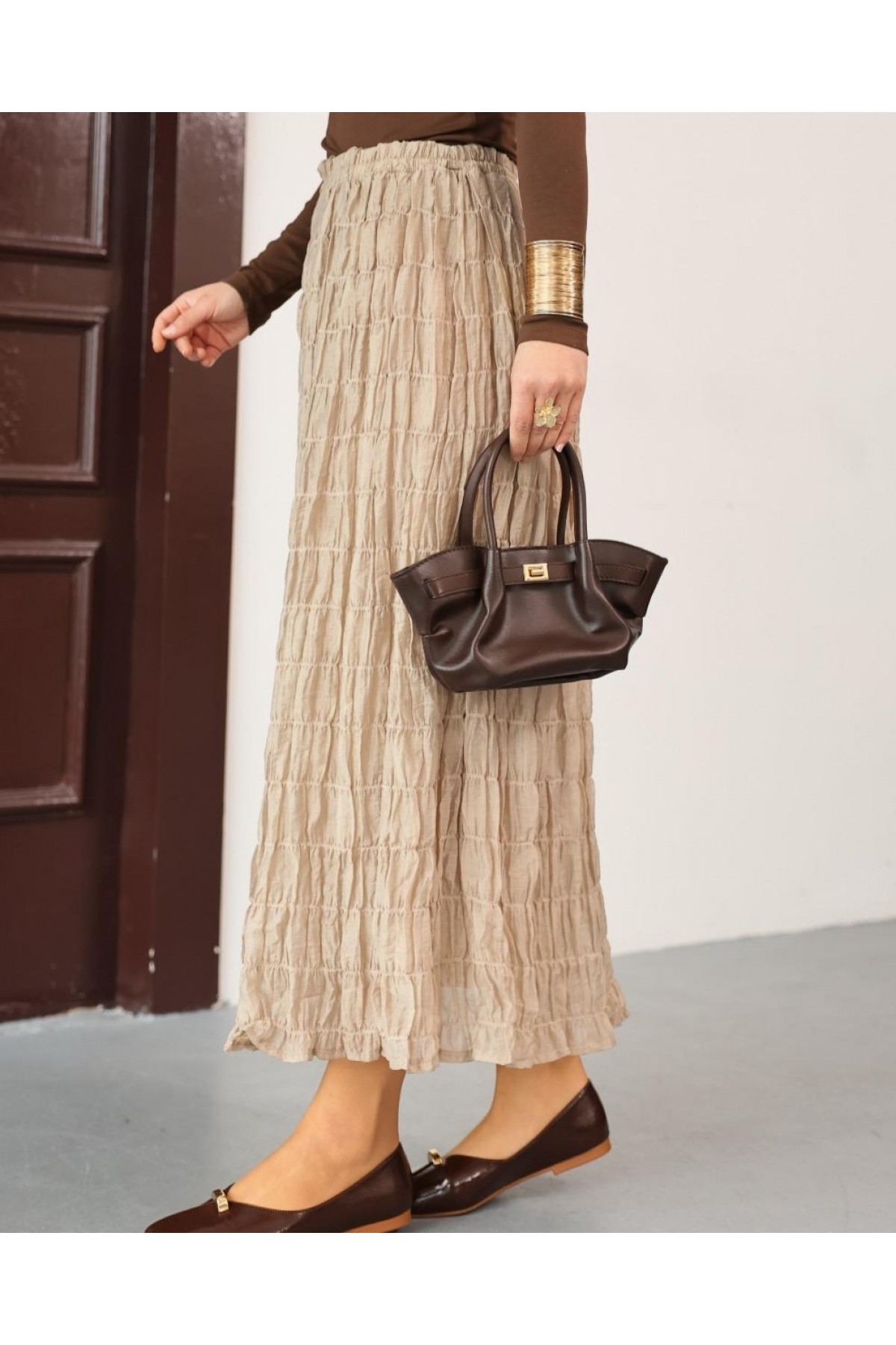 Astarlı Gipeli Modal Etek -Bej