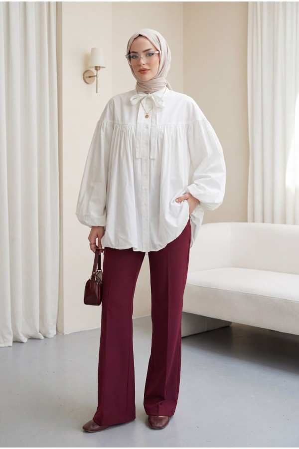 Cupra Tunic with Lace-Up Neckline, Button-Down Front, and Balloon Sleeves -White